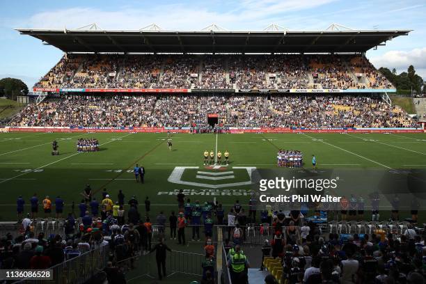 The Warriors and the Bulldogs observe a moments silence for the victims of the Christchurch mosque shootings during the round 1 NRL match between the...
