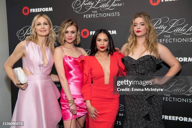 Kelly Rutherford, Hayley Erin, Janel Parrish, and Sasha Pieterse arrive at the 'Pretty Little Liars: The Perfectionists' premiere at Hollywood...