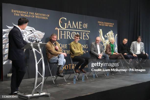 Left to right; host Graham Little, actors Ian Beattie, Isaac Hempstead Wright and Liam Cunningham, costume designer Michele Clapton, Robin Stapley of...