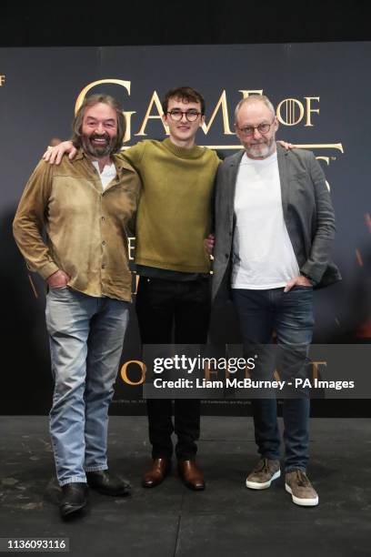 Left to right; actors Ian Beattie, who plays Meryn Trant, Isaac Hempstead Wright, who plays Bran Stark, and Liam Cunningham, who plays Davos...