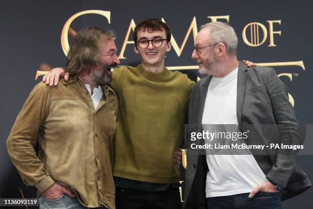 Left to right; actors Ian Beattie, who plays Meryn Trant, Isaac Hempstead Wright, who plays Bran Stark, and Liam Cunningham, who plays Davos...