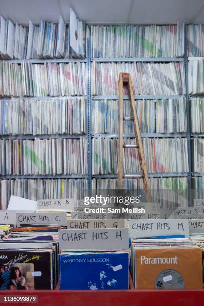 Vinyl records piled high at Wanted Music record shop in Beckenham on the 4th May 2018 in South London in the United Kingdom.