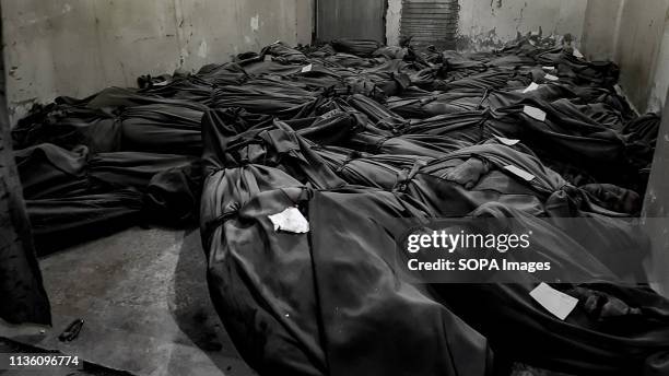 Bodies of people killed at different parts of Eastern al-Ghouta, seen at a morgue in Douma. Forces loyal to the Syrian government on 6 April 2018...