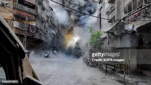 Street seen under shelling in the city of Douma. Forces loyal to the Syrian government on 6 April 2018 carried out air strikes on rebel-held Douma....