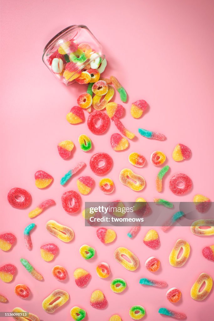 Gummy sugary candy still life.