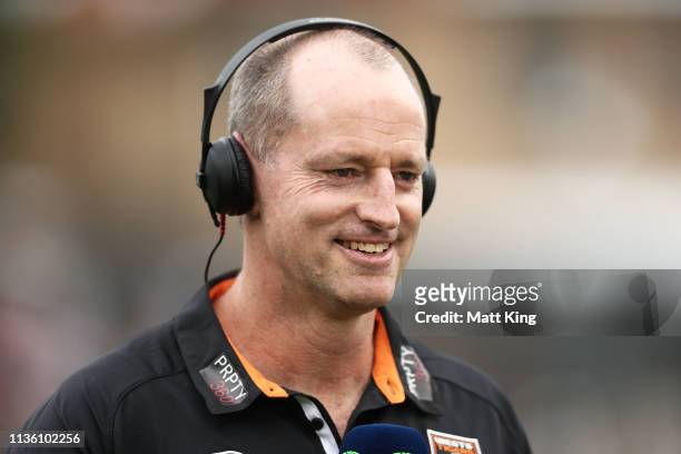 Tigers head coach Michael Maguire looks on during the round 1 NRL match between the Wests Tigers and the Manly Warringah Sea Eagles at Leichhardt...