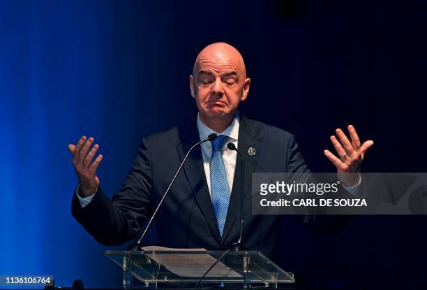 President Gianni Infantino speaks during the 70th Ordinary Congress of the CONMEBOL in Rio de Janeiro, Brazil, on April 10, 2019. - The Copa America...