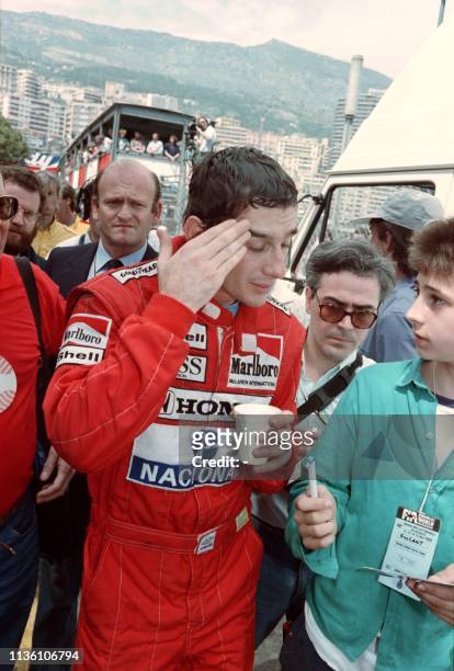 Ayrton Senna of Brazil looks disappointed on May 15, 1988 after he crashed into the safety barriers and was put out of the race with only 11 laps...