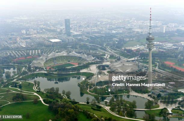 General view from a Zeppelin of the Olympic Park and Olympic Stadium Munich on April 10, 2019 in Munich, Germany.