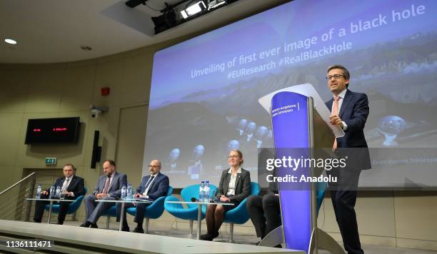 Research, Science and Innovation Commissioner Carlos Moedas holds a news conference on unveiling of first ever image of a black hole taken by Event...