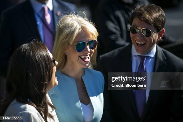 Sarah Huckabee Sanders, White House press secretary, from left, Kellyanne Conway, senior advisor to U.S. President Donald Trump, and Hogan Gidley,...