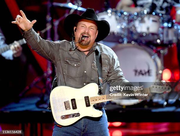 Garth Brooks performs onstage at the 2019 iHeartRadio Music Awards which broadcasted live on FOX at Microsoft Theater on March 14, 2019 in Los...