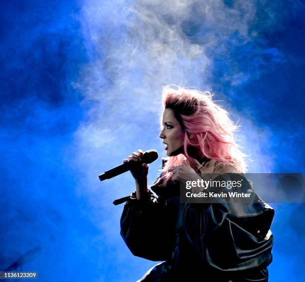 Halsey performs onstage at the 2019 iHeartRadio Music Awards which broadcasted live on FOX at Microsoft Theater on March 14, 2019 in Los Angeles,...