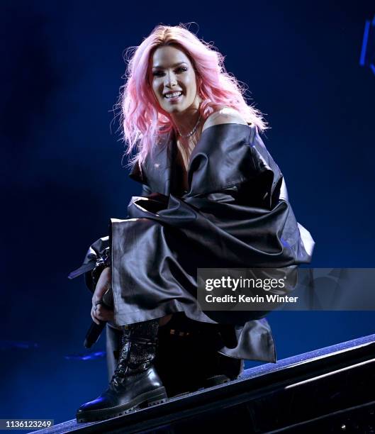 Halsey performs onstage at the 2019 iHeartRadio Music Awards which broadcasted live on FOX at Microsoft Theater on March 14, 2019 in Los Angeles,...