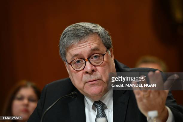 Attorney General William Barr testifies during a US House Commerce, Justice, Science, and Related Agencies Subcommittee hearing on the Department of...