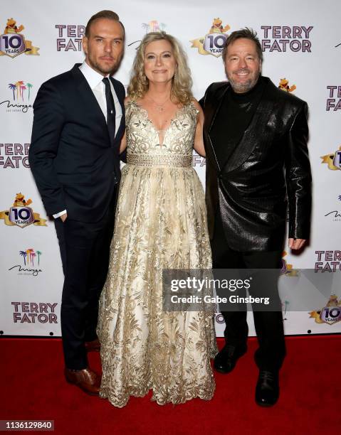 Singer/songwriter Matt Goss, Angie Fiore Fator and her husband, comic ventriloquist and impressionist Terry Fator, attend Terry Fator's 10th...