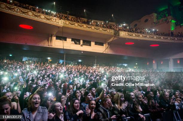 The crowd watch on as Yxng Bane performs on stage at O2 Academy Brixton on March 15, 2019 in London, England.