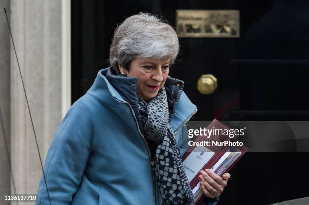 British Prime Minister Theresa May leaves 10 Downing Street for the weekly PMQ session in the House of Commons on 10 April, 2019 in London, England,...
