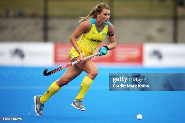 Maddy Fitzpatrick of Australia runs the ball during the Women's FIH Field Hockey Pro League match between Australia and Argentina at Sydney Olympic...