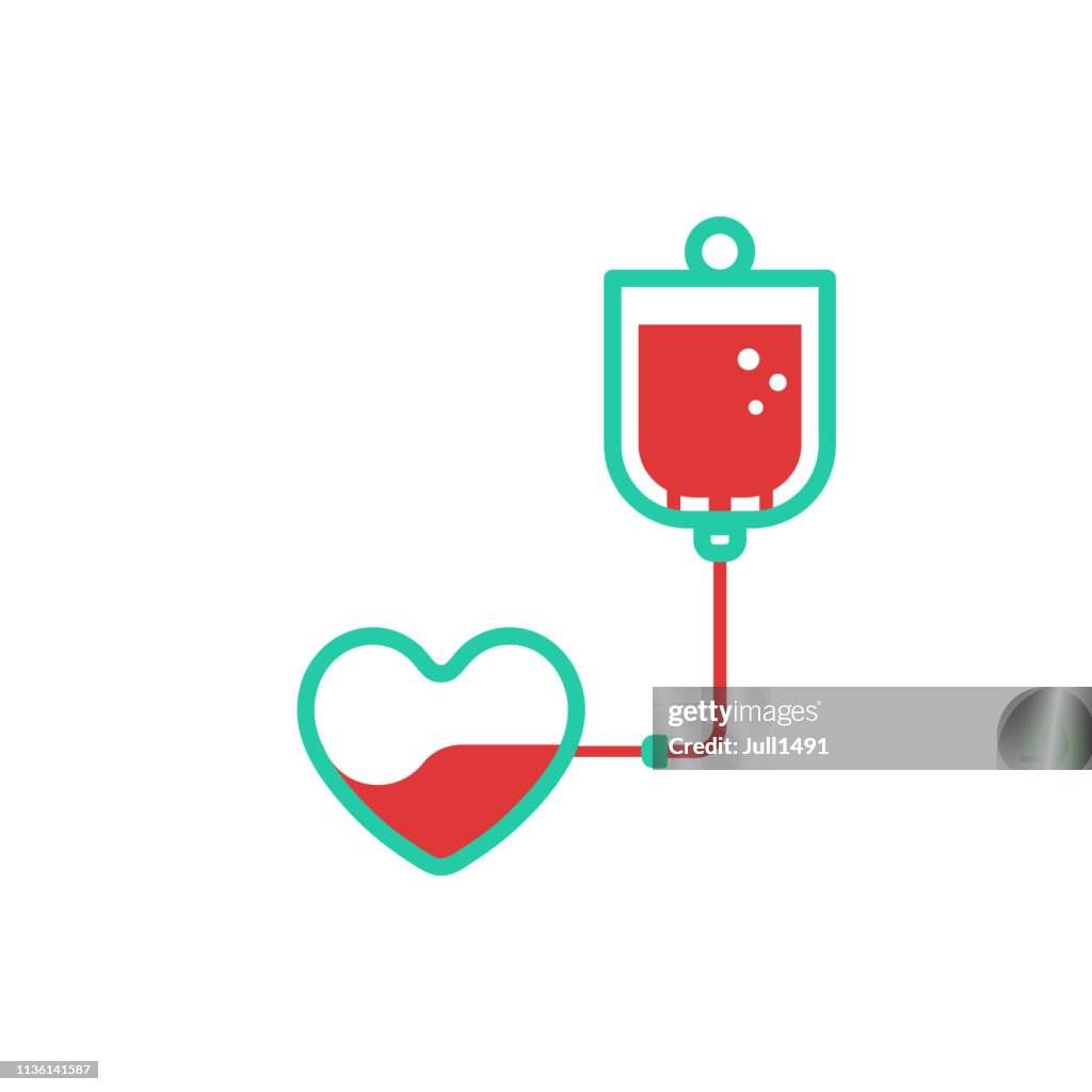 Blood transfusion. Poster for blood donor day. Contour vector icons hearts and bags of blood