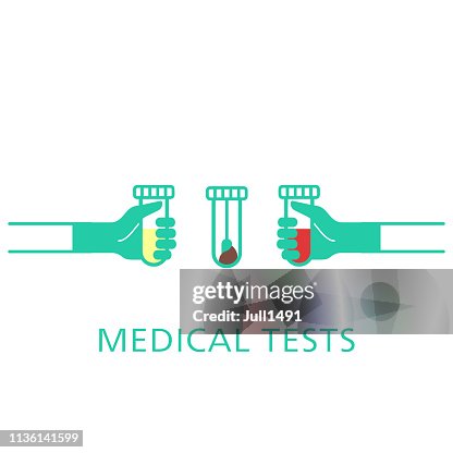 Medical test samples. The doctor holds in his hand a test tube with a sample of blood, urine, feces. Vector outline icons Medical test samples. The doctor holds in his hand a test tube with a sample of blood, urine, feces. Vector outline icons