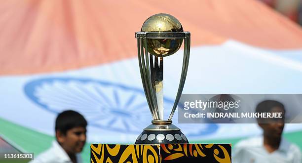 The ICC Cricket World Cup 2011 trophy is seen on display ahead of the start of the ICC Cricket World Cup 2011 match between England and India at The...