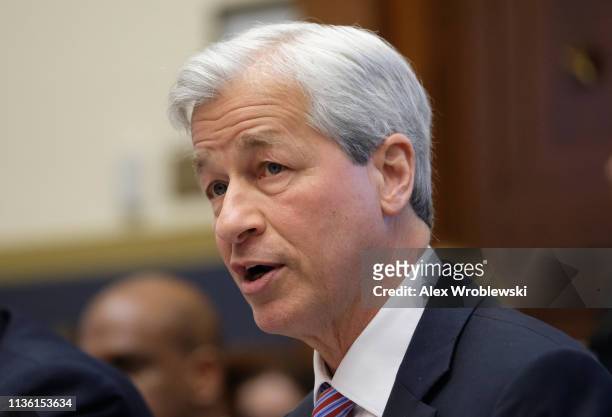 Jamie Dimon, chief executive officer of JPMorgan Chase & Co., speaks during a House Financial Services Committee hearing on April 10, 2019 in...