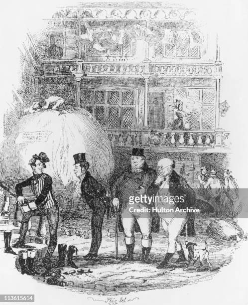 Samuel Pickwick meets Sam Weller for the first time, at the White Hart Inn, in a scene from Charles Dickens's first novel 'The Pickwick Papers',...