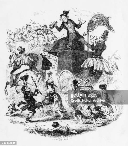 Samuel Pickwick travels by coach with Bob Sawyer in a scene from Charles Dickens's first novel 'The Pickwick Papers', published as a serial from 1836...