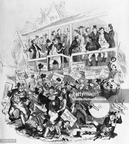 Chaos at the Eatanswill election scene from Charles Dickens's first novel 'The Pickwick Papers', published as a serial from 1836 to 1837....