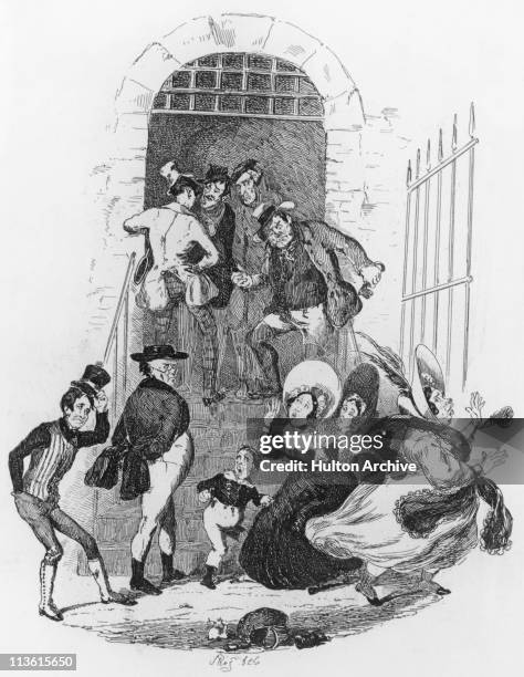 Sam Weller and Samuel Pickwick meet Pickwick's widowed landlady Mrs Bardell at Fleet Prison in a scene from Charles Dickens's first novel 'The...