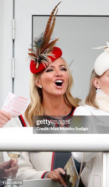 Baroness Michelle Mone watches the racing as she attends day 4 'Gold Cup Day' of the Cheltenham Festival at Cheltenham Racecourse on March 15, 2019...
