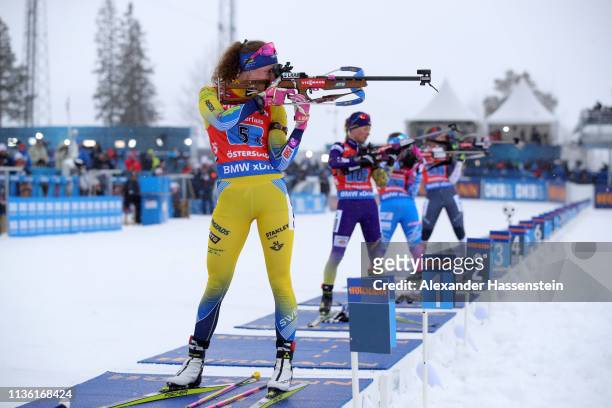 Hanna Oeberg of Sweden shoots during the Women's 4x6km Relay at the IBU Biathlon World Championships on March 16, 2019 in Ostersund, Sweden.