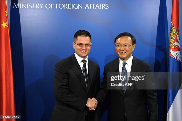 Serbian Foreign Minister Vuk Jeremic welcomes his Chinese counterpart Yang Jiechi prior to their meeting in Belgrade on May 4, 2011. Serbia is eyeing...