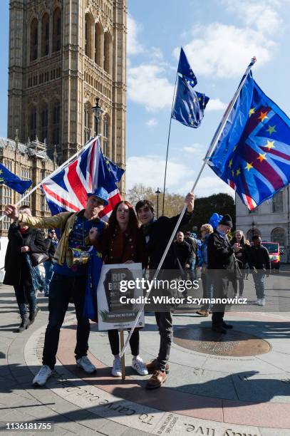 Pro-EU demonstrators protest outside the Houses of Parliament on 10 April, 2019 in London, England. Today, Prime Minister Theresa May is due to...