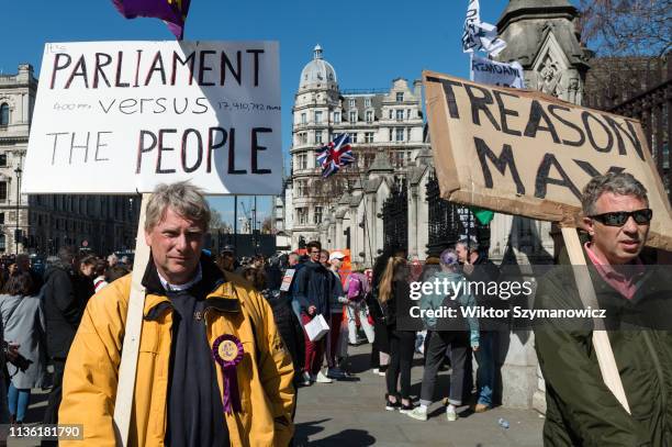 Pro-Brexit supporters protest outside the Houses of Parliament on 10 April, 2019 in London, England. Today, Prime Minister Theresa May is due to...