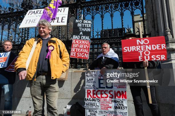 Pro-Brexit supporters protest outside the Houses of Parliament on 10 April, 2019 in London, England. Today, Prime Minister Theresa May is due to...