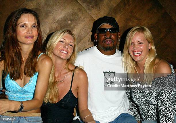 Model Alicia Rickter, model Brandy Roderick, Basketball player Dennis Rodman, actress Gena Lee Nolin attend the pre-party for "Celebrity Hoops 3" at...