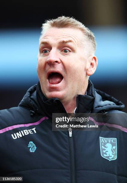 Dean Smith, manager of Aston Villa looks on during the Sky Bet Championship match between Aston Villa and Middlesbrough at Villa Park on March 16,...