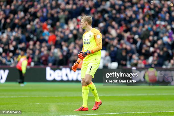 Jonas Lossl of Huddersfield Town during the Premier League match between West Ham United and Huddersfield Town at London Stadium on March 16, 2019 in...