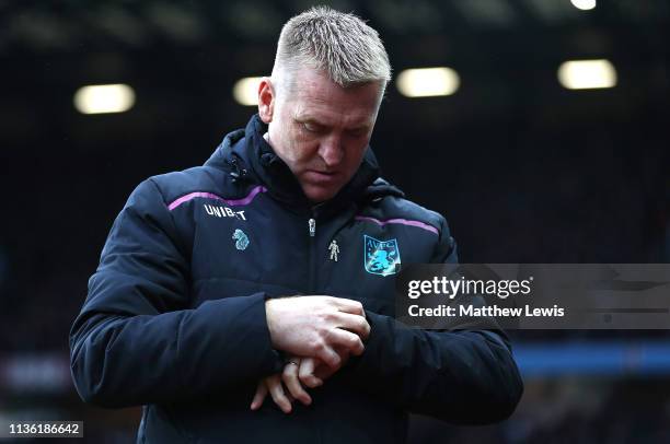 Dean Smith, manager of Aston Villa looks on during the Sky Bet Championship match between Aston Villa and Middlesbrough at Villa Park on March 16,...