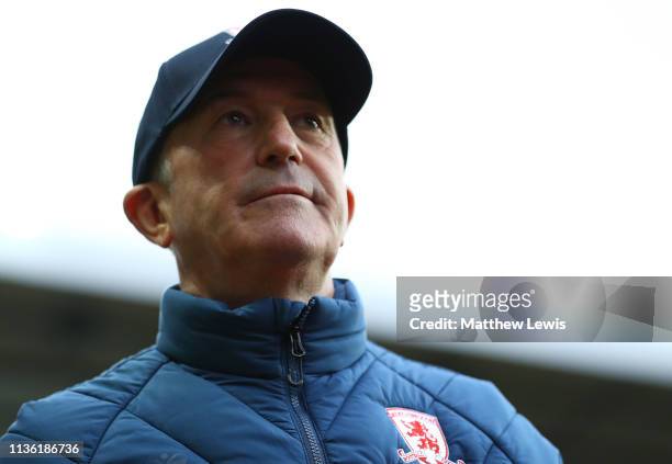 Tony Pulis, manager of Middlesbrough looks on during the Sky Bet Championship match between Aston Villa and Middlesbrough at Villa Park on March 16,...