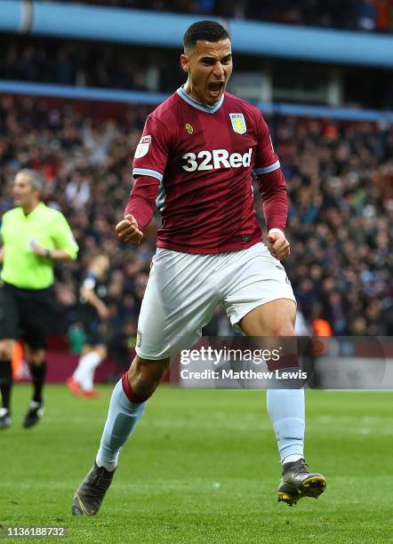 Anwar El Ghazi of Aston Villa celebrates his goal during the Sky Bet Championship match between Aston Villa and Middlesbrough at Villa Park on March...