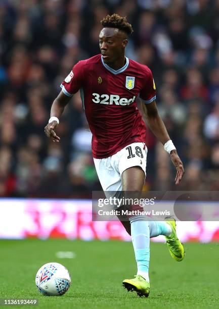 Tammy Abraham of Aston Villa in action during the Sky Bet Championship match between Aston Villa and Middlesbrough at Villa Park on March 16, 2019 in...