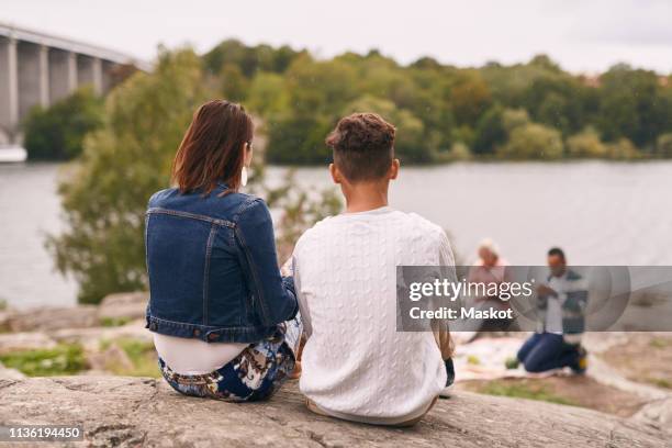 rear view of mother and son sitting on rock in park during picnic - stockholm beach stock pictures, royalty-free photos & images