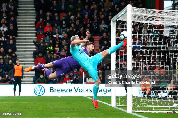 Paul Dummett of Newcastle United clears the ball off the line during the Premier League match between AFC Bournemouth and Newcastle United at...