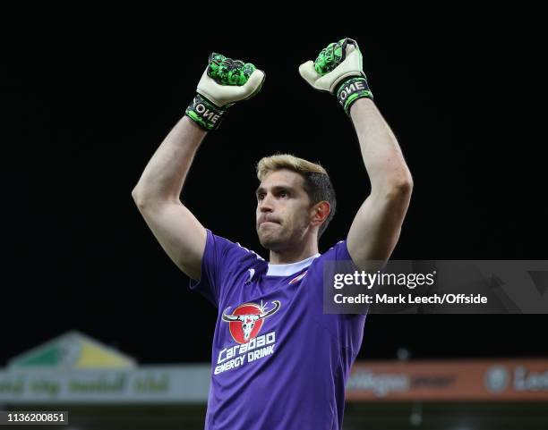 Reading goalkeeper Emiliano Martinez celebrates at the final whistle of the match between Norwich City and Reading FC at Carrow Road on April 10,...