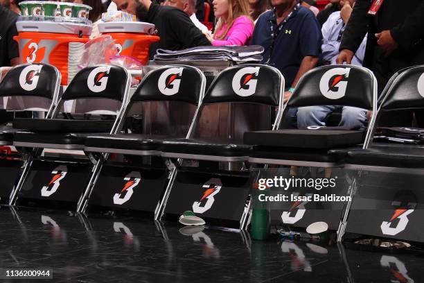 General shot of a Dwyane Wade of the Miami Heat inspired Gatorade logo as seen during the game between the Philadelphia 76ers and the Miami Heat on...