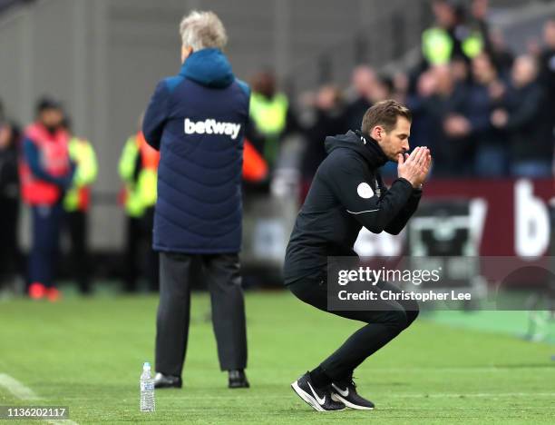 Jan Siewert, Manager of Huddersfield Town reacts during the Premier League match between West Ham United and Huddersfield Town at London Stadium on...