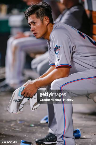 Wei-Yin Chen of the Miami Marlins is seen on the bench during the game against the Cincinnati Reds at Great American Ball Park on April 9, 2019 in...